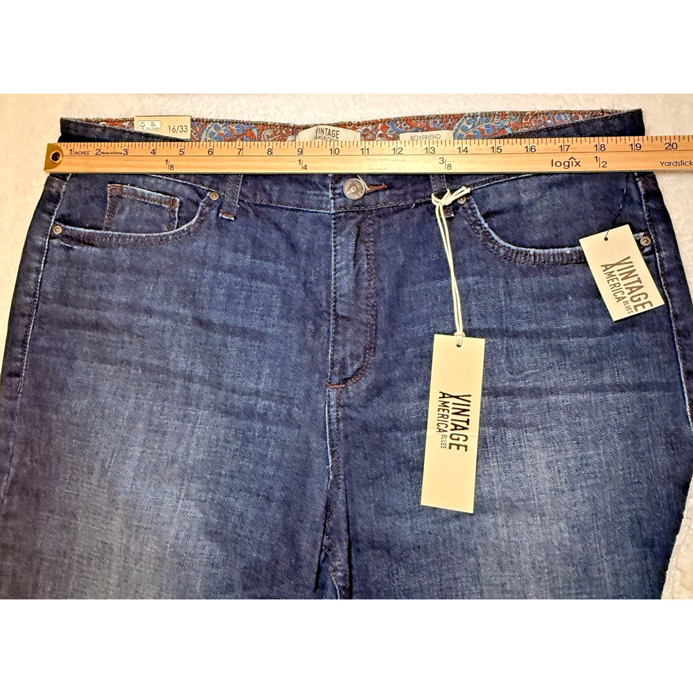 Vintage America Blues Boyfriend Jeans Women 16/33 Dark Wash Cuffed Stretch - Picture 5 of 8